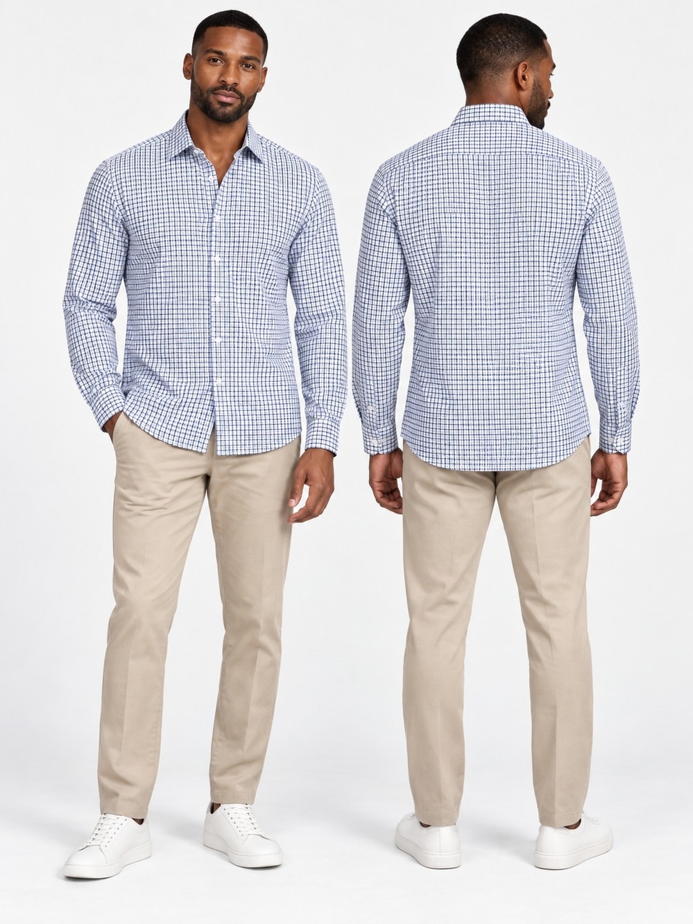 W Collection Men’s Custom Fit 100% Cotton Blue Check Dress Shirt Size 41